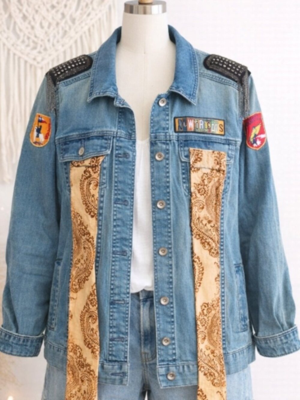 Reworked Denim Jean Jacket XL Boho Patchwork Festival Mixed Media Grunge Rock